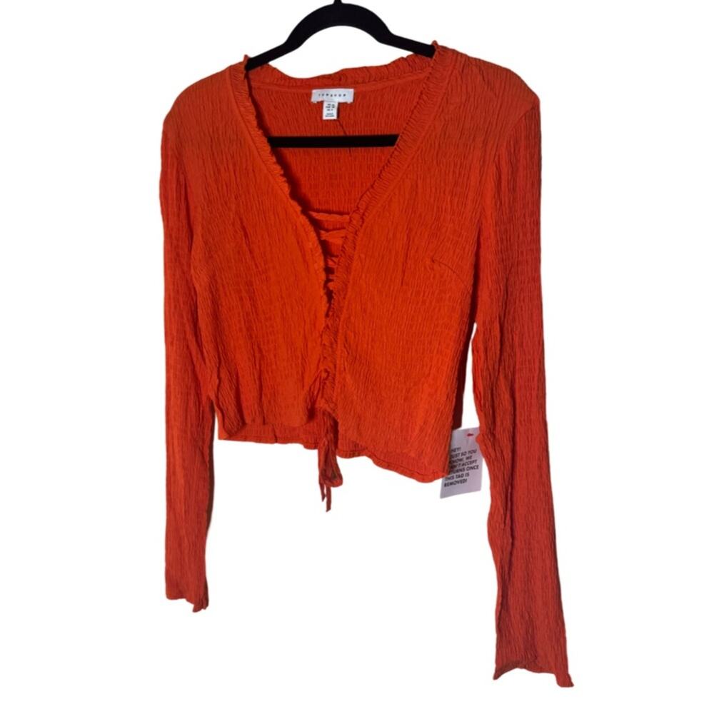 Topshop Crinkle Ruched Lace Long Sleeve Top - Clementine Orange Size 6 - Picture 2 of 6